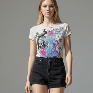 Express XS Burnout Graphic Floral Peacock T-Shirt Cream Short Sleeve Tee
